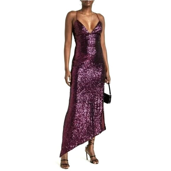 Retrofete $966 Sequin Violet Asymmetrical Tie Back Maxi Dress Sz XS NWT - Picture 1 of 12
